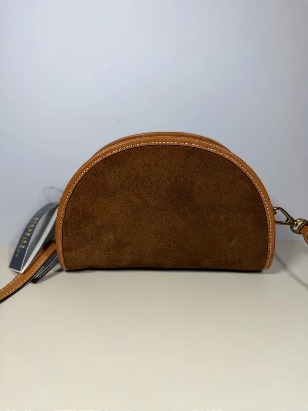 Polo by Ralph Lauren Brown Suede Half-Moon Crossbody with Tan Trim